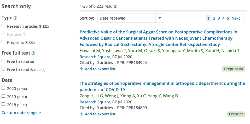 Preprint search results